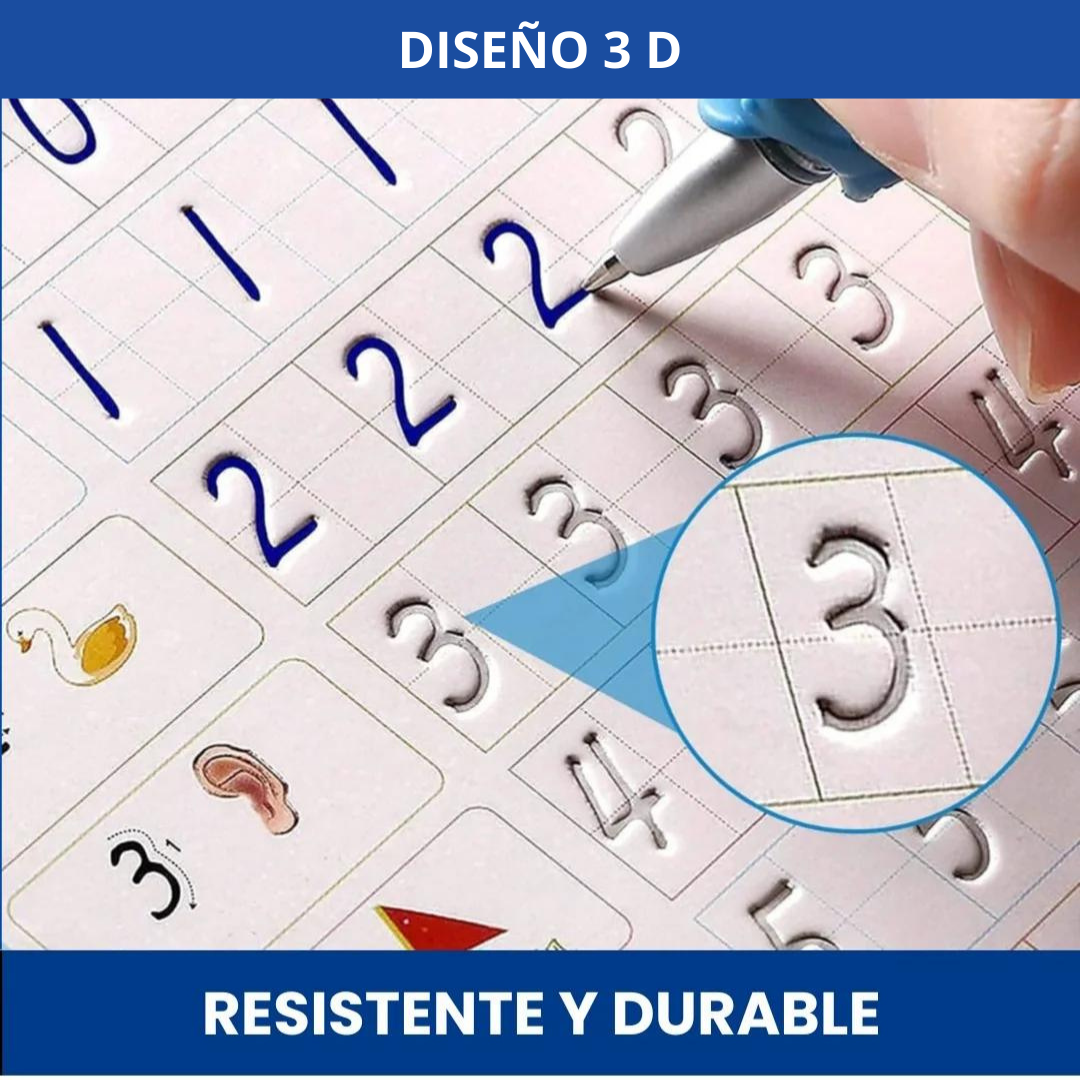 Kit de 4 Cuadernos de caligrafía en español para niños + bolígrafo + sujetador + 10 tintas de repuestos