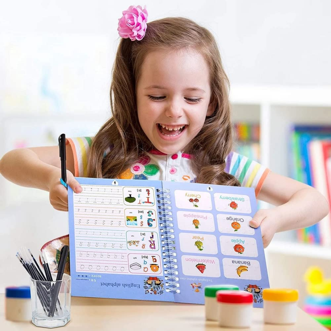 Kit de 4 Cuadernos de caligrafía en español para niños + bolígrafo + sujetador + 10 tintas de repuestos