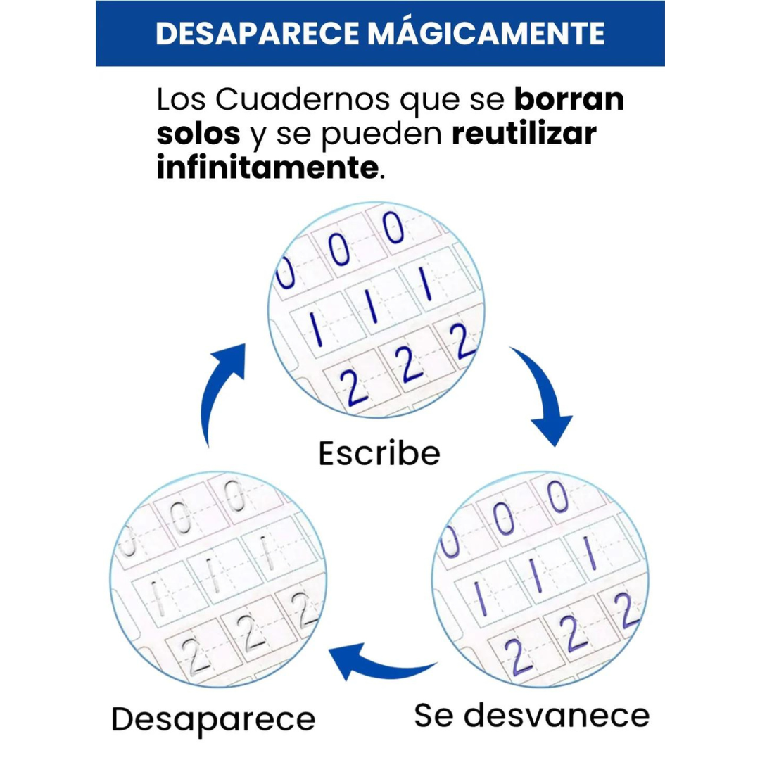 Kit de 4 Cuadernos de caligrafía en español para niños + bolígrafo + sujetador + 10 tintas de repuestos