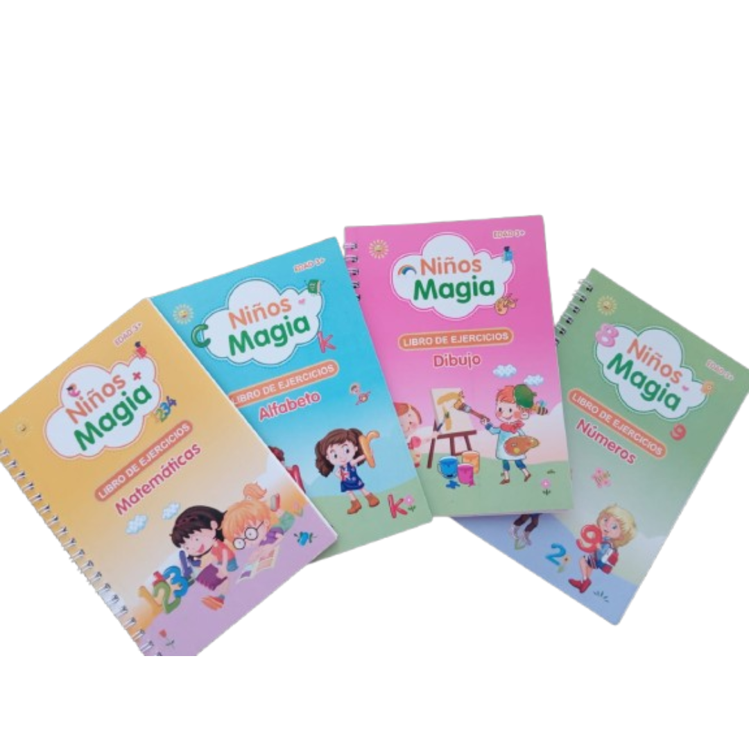 Kit de 4 Cuadernos de caligrafía en español para niños + bolígrafo + sujetador + 10 tintas de repuestos
